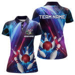 Blisscorners Personalized Galaxy Bowling Pins and Ball Shirt Blue & Purple Neon Polo Bowling Team League