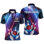 Blisscorners Personalized Galaxy Bowling Pins and Ball Shirt Blue & Purple Neon Polo Bowling Team League