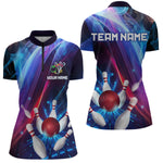 Blisscorners Personalized Galaxy Bowling Pins and Ball Shirt Blue & Purple Neon Polo Bowling Team League