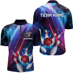 Blisscorners Personalized Galaxy Bowling Pins and Ball Shirt Blue & Purple Neon Polo Bowling Team League