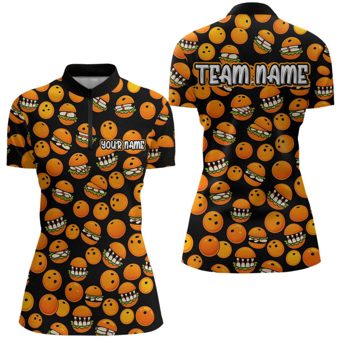 Blisscorners Funny Orange Humburger Bowling Shirt for Men Bowling Team League Polo & Quarter-Zip Bowling Jersey MT1607