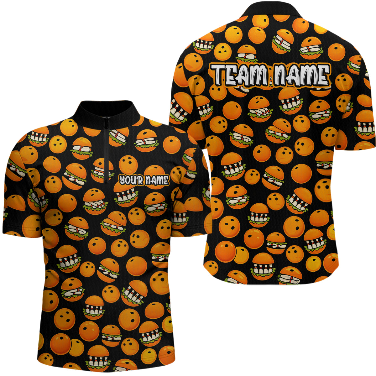 Blisscorners Funny Orange Humburger Bowling Shirt for Men Bowling Team League Polo & Quarter-Zip Bowling Jersey MT1607