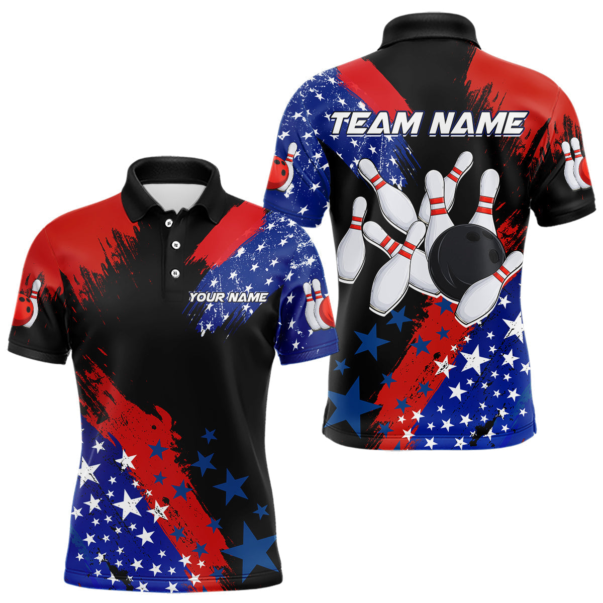 Blisscorners American Flag Bowling Shirt Personalized Patriotic Polo Bowling Team League Gift for Bowlers