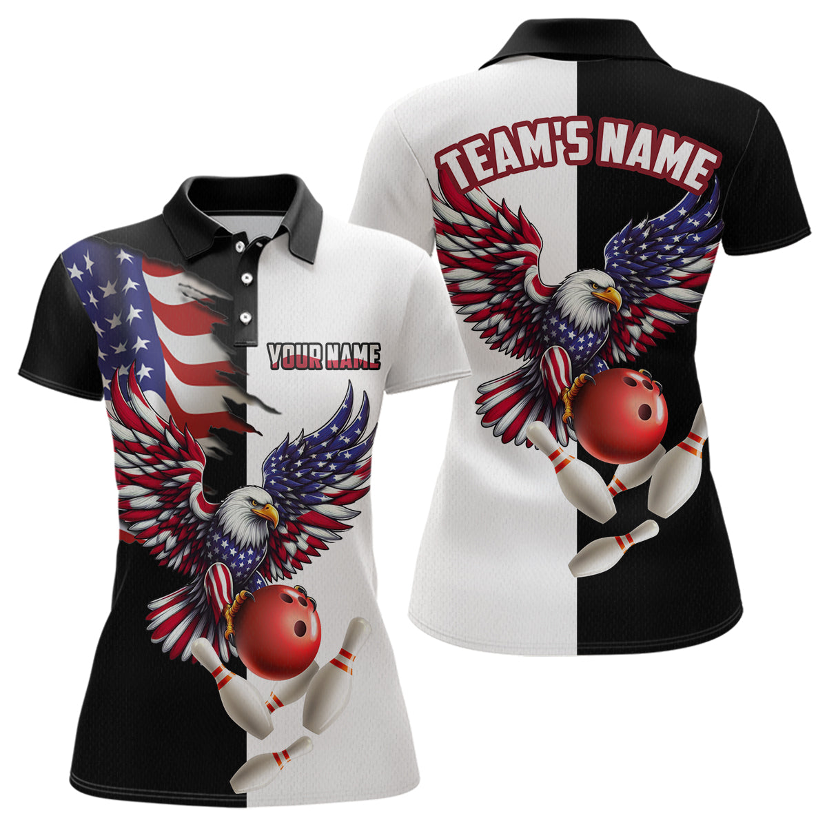 Blisscorners American Eagle Polo Bowling Shirt Custom Black & White Bowling Jersey for Men And Women
