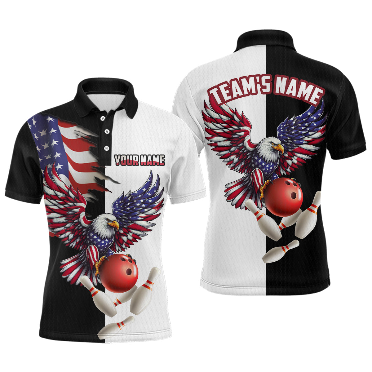 Blisscorners American Eagle Polo Bowling Shirt Custom Black & White Bowling Jersey for Men And Women