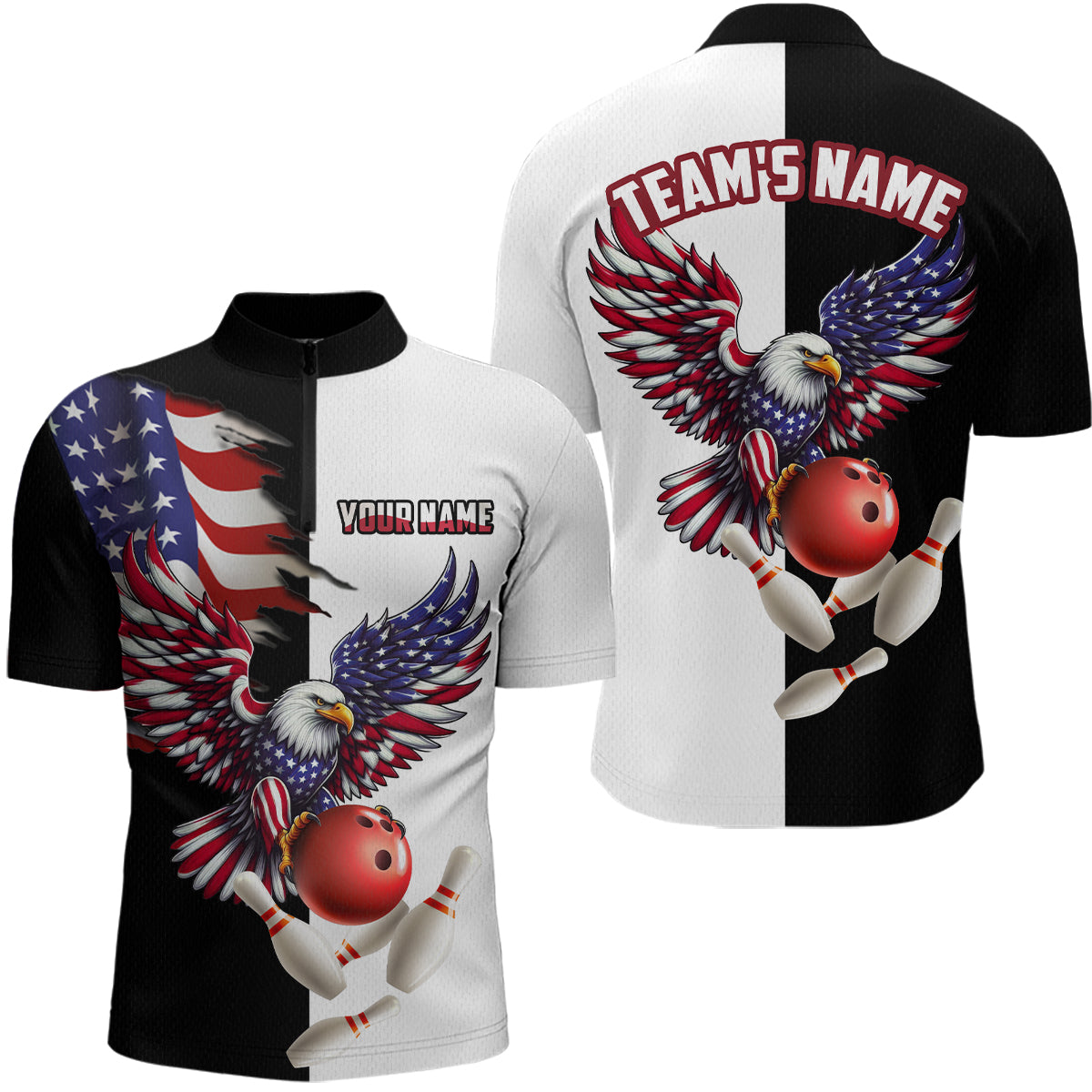 Blisscorners American Eagle Polo Bowling Shirt Custom Black & White Bowling Jersey for Men And Women