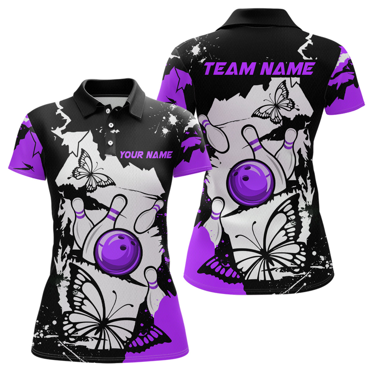 Blisscorners Custom Purple Butterflies Bowling Shirt for Men Women Team Bowling Polo&Quater Zip