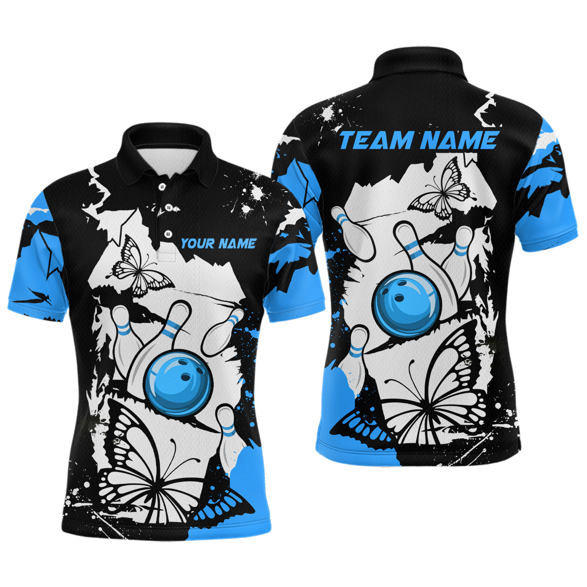 Blisscorners Custom Blue Butterflies Bowling Shirt for Men Women Team Bowling Polo&Quater Zip