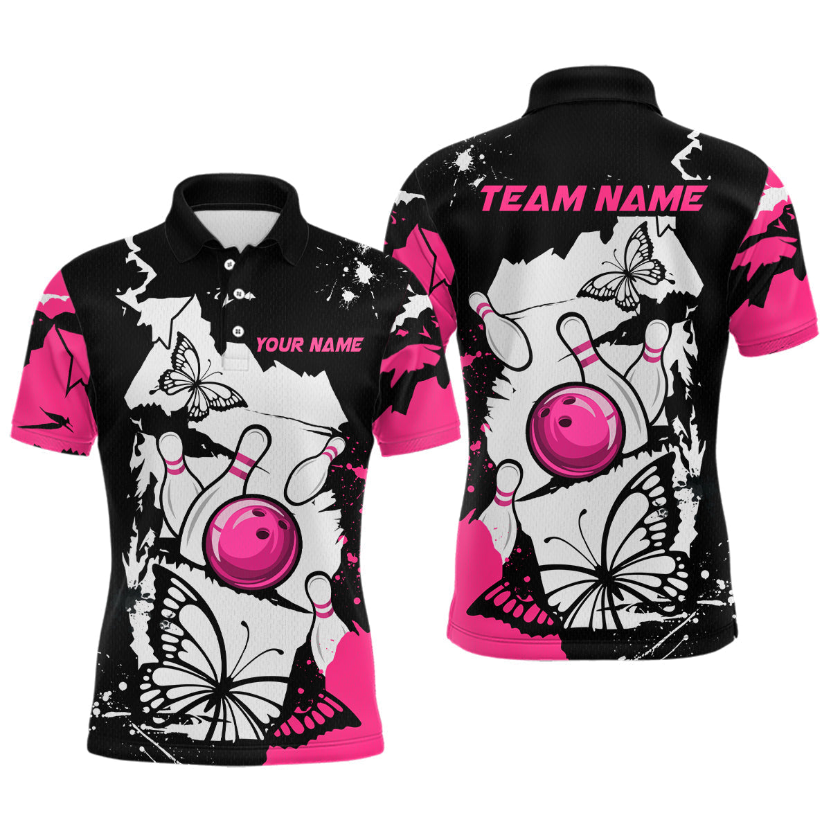 Blisscorners Custom Pink Butterflies Bowling Shirt for Men Women Team Bowling Polo&Quater Zip