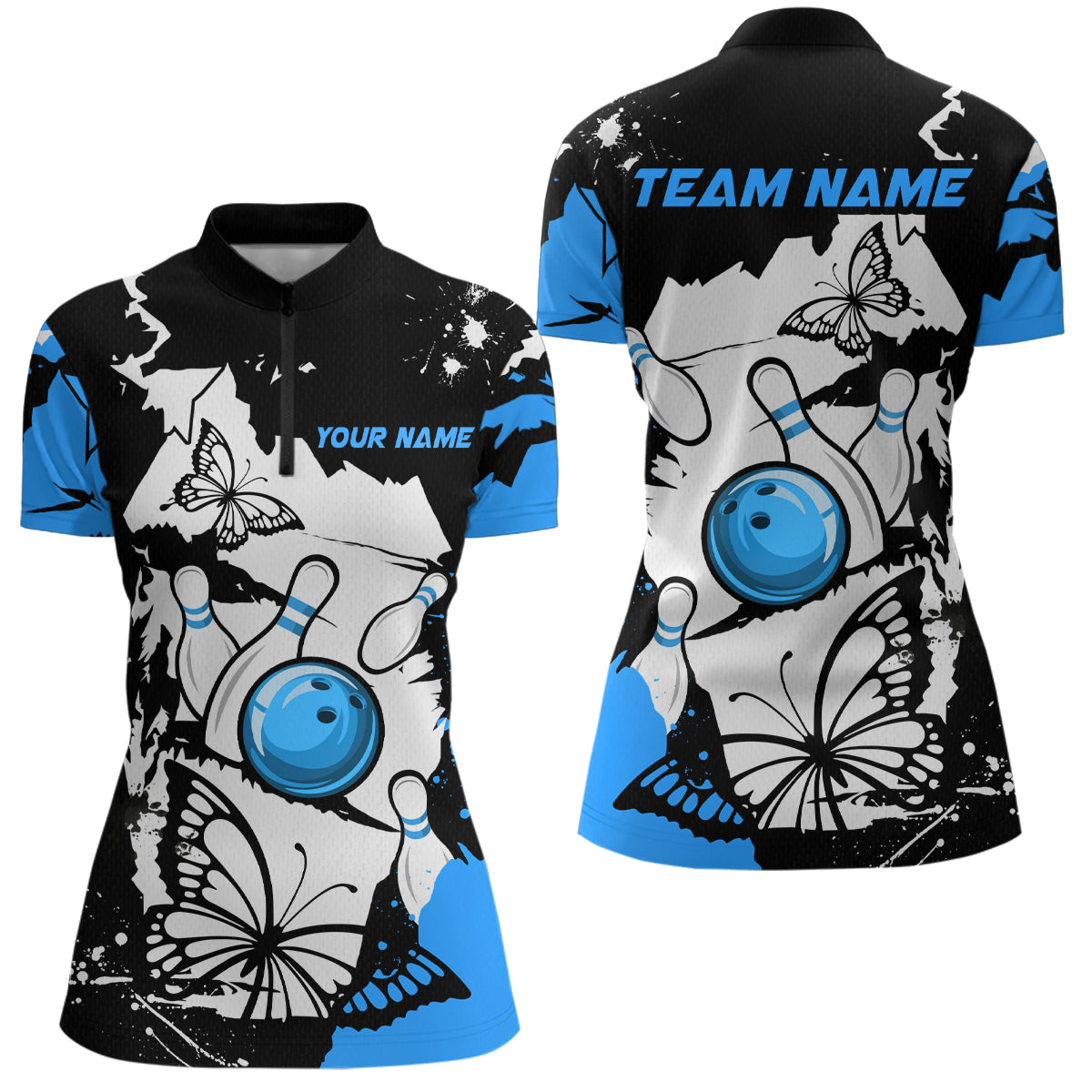 Blisscorners Custom Blue Butterflies Bowling Shirt for Men Women Team Bowling Polo&Quater Zip