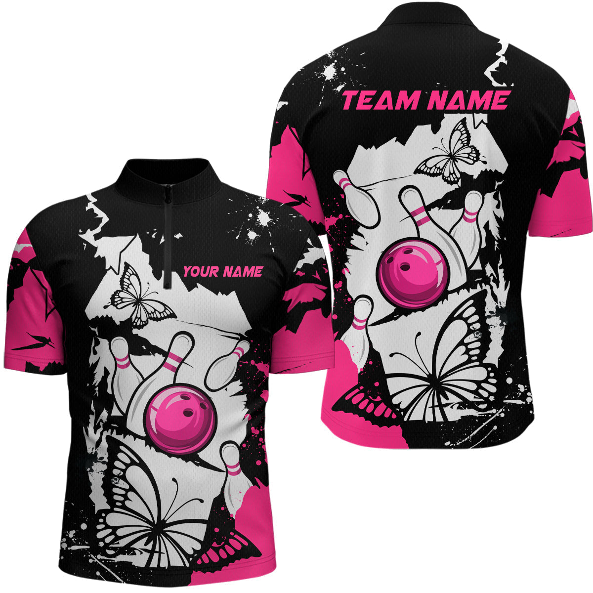 Blisscorners Custom Pink Butterflies Bowling Shirt for Men Women Team Bowling Polo&Quater Zip