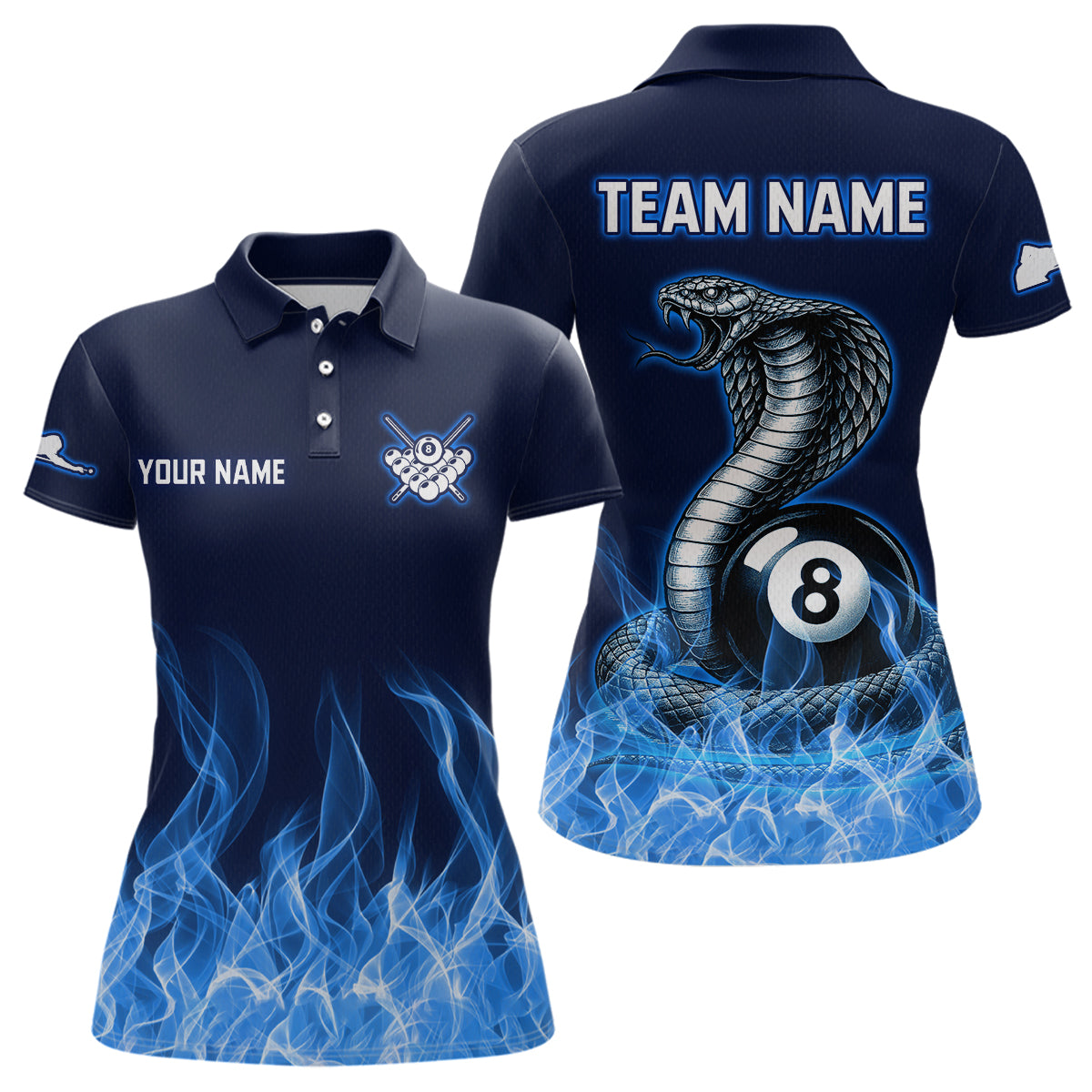 Maxxcorners Custom Blue Cobra Snake 8 Ball Pool Flame Billiard Shirts for Men Team Polo & 1/4 Zip Shirts MT0307