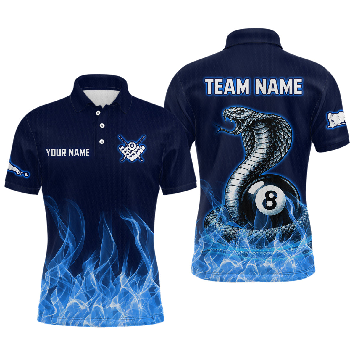 Maxxcorners Custom Blue Cobra Snake 8 Ball Pool Flame Billiard Shirts for Men Team Polo & 1/4 Zip Shirts MT0307