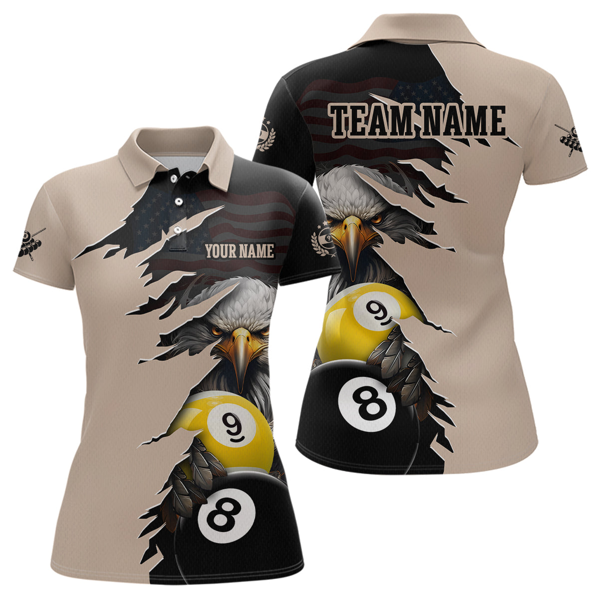 Blisscorners Personalized American Flag Eagle 8 & 9 Billiard Jersey for Men Billiard Shirt Polo & 1/4 Zip