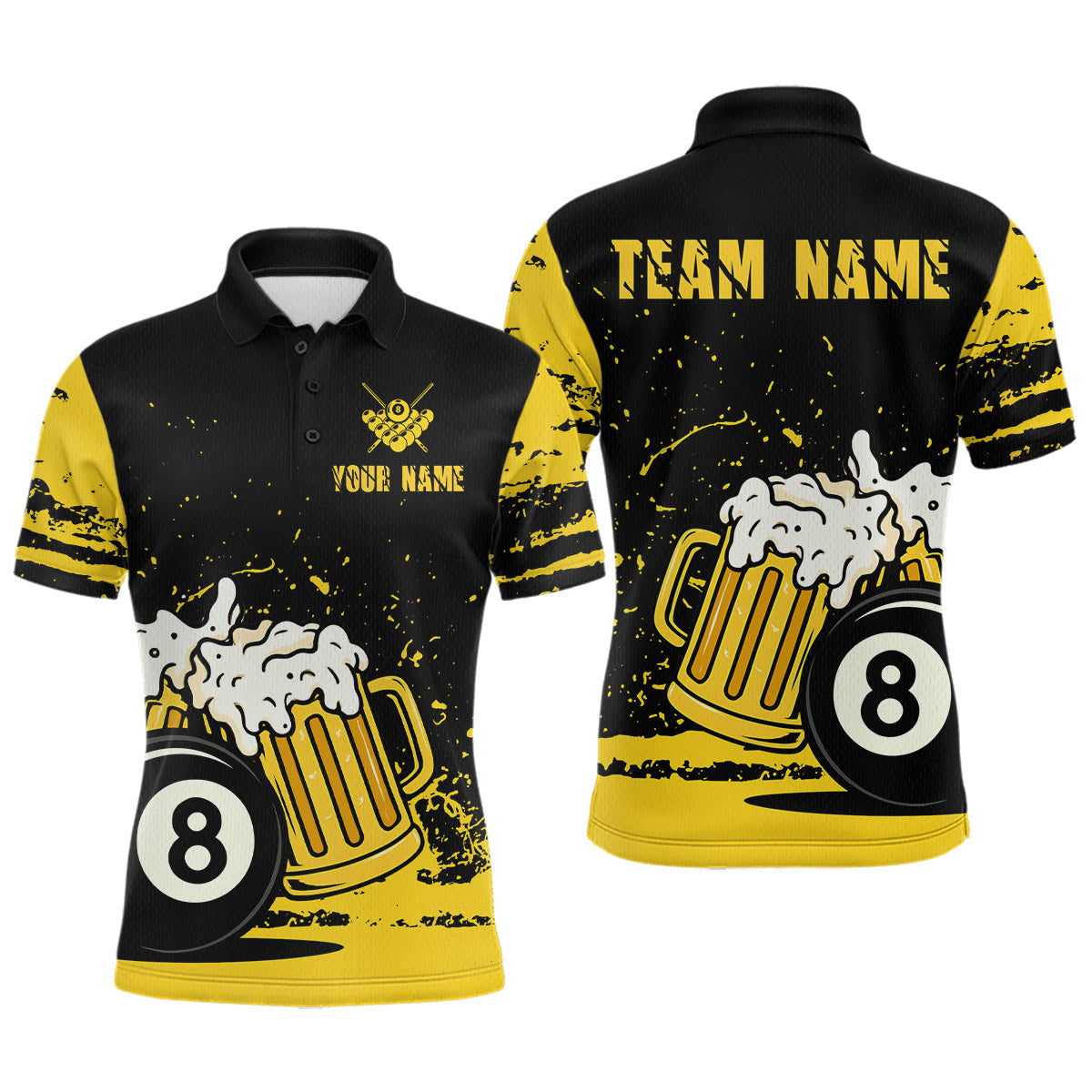 Blisscorners Custom Black and Yellow 8 Ball Beer Billiard Shirts for Men, Billiard Team Polo & 1/4 Zip Shirts MT1607