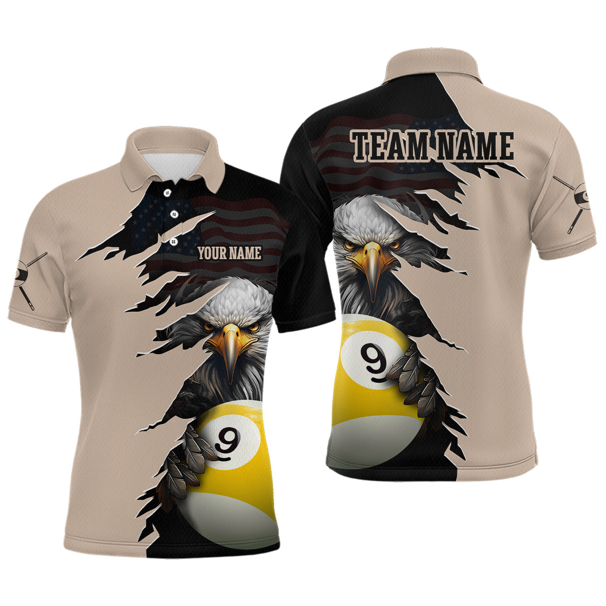 Blisscorners Personalized 9 Ball American Flag Eagle Billiard Shirts for Men Billiard Team Shirts MT707