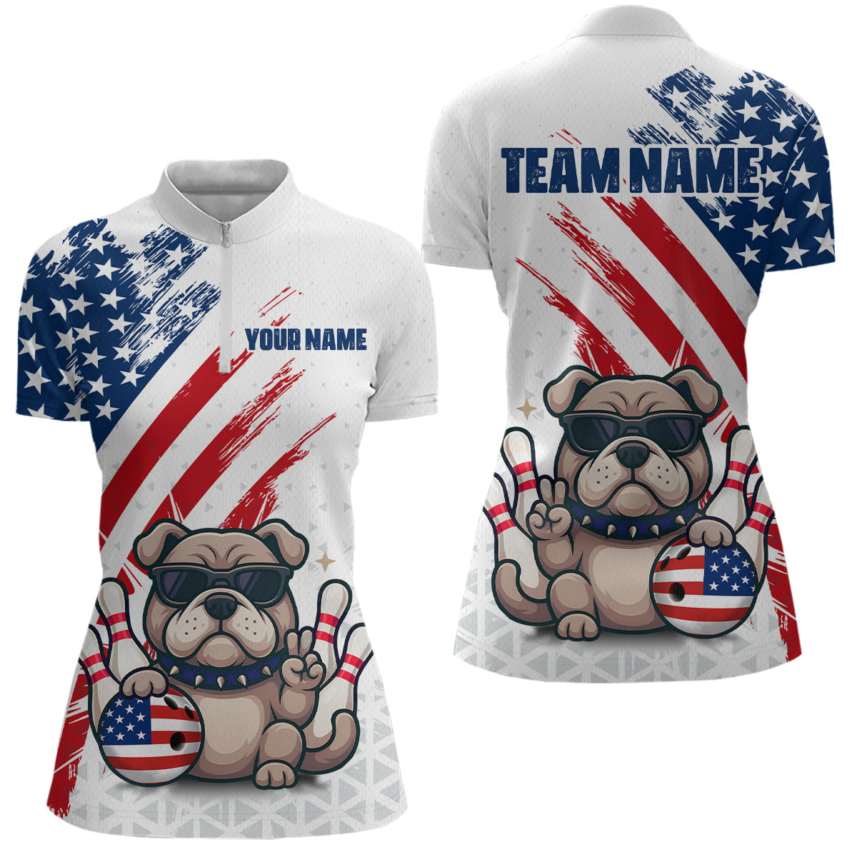 Blisscorners Funny US Flag French Bulldog Bowling Men Polo & 1/4 Zip Shirts Bowling Team Jersey MT2306