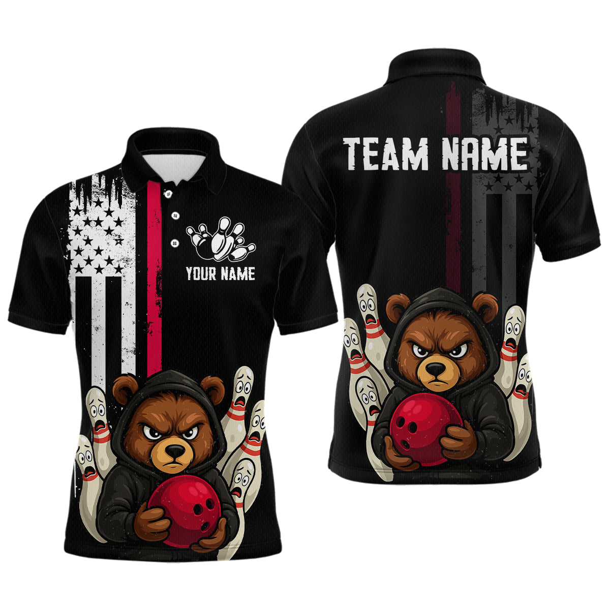 Blisscorners Custom American Flag Bear Bowling Men Polo & 1/4 Zip Shirts Bowling Team Jerseys LM3006