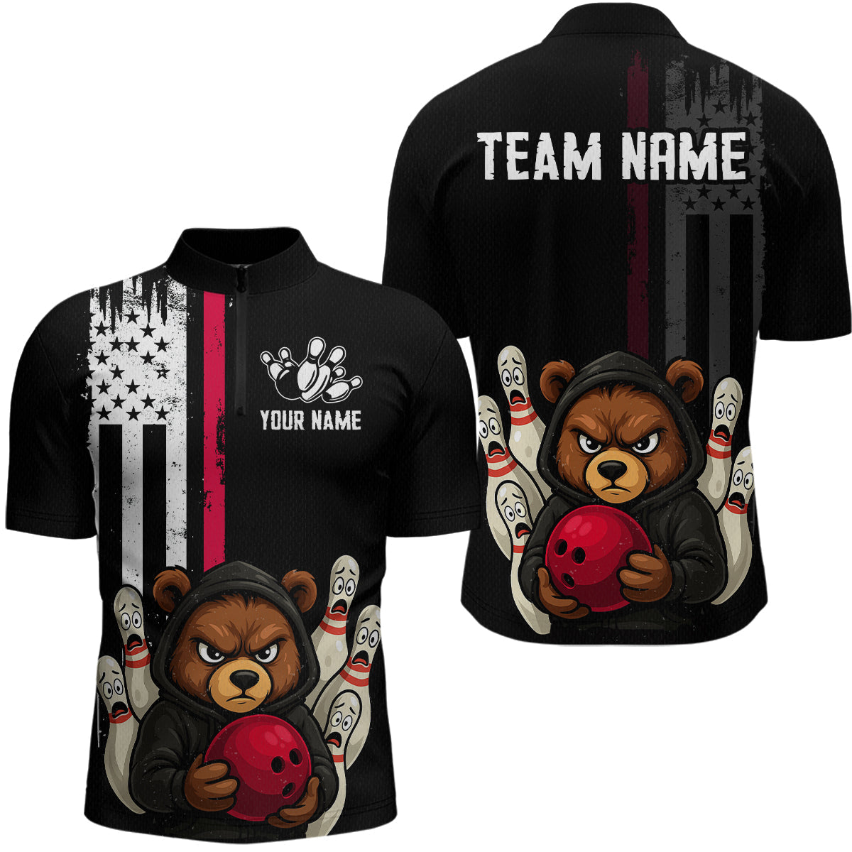 Blisscorners Custom American Flag Bear Bowling Men Polo & 1/4 Zip Shirts Bowling Team Jerseys LM3006