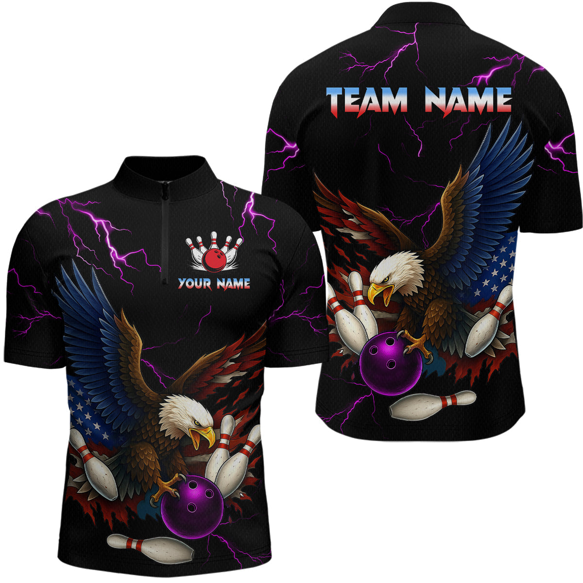 Blisscorners Purple Thunder US Flag Eagle Bowling Shirts for Men Team Bowling Polo & Quarter-Zip LM3006