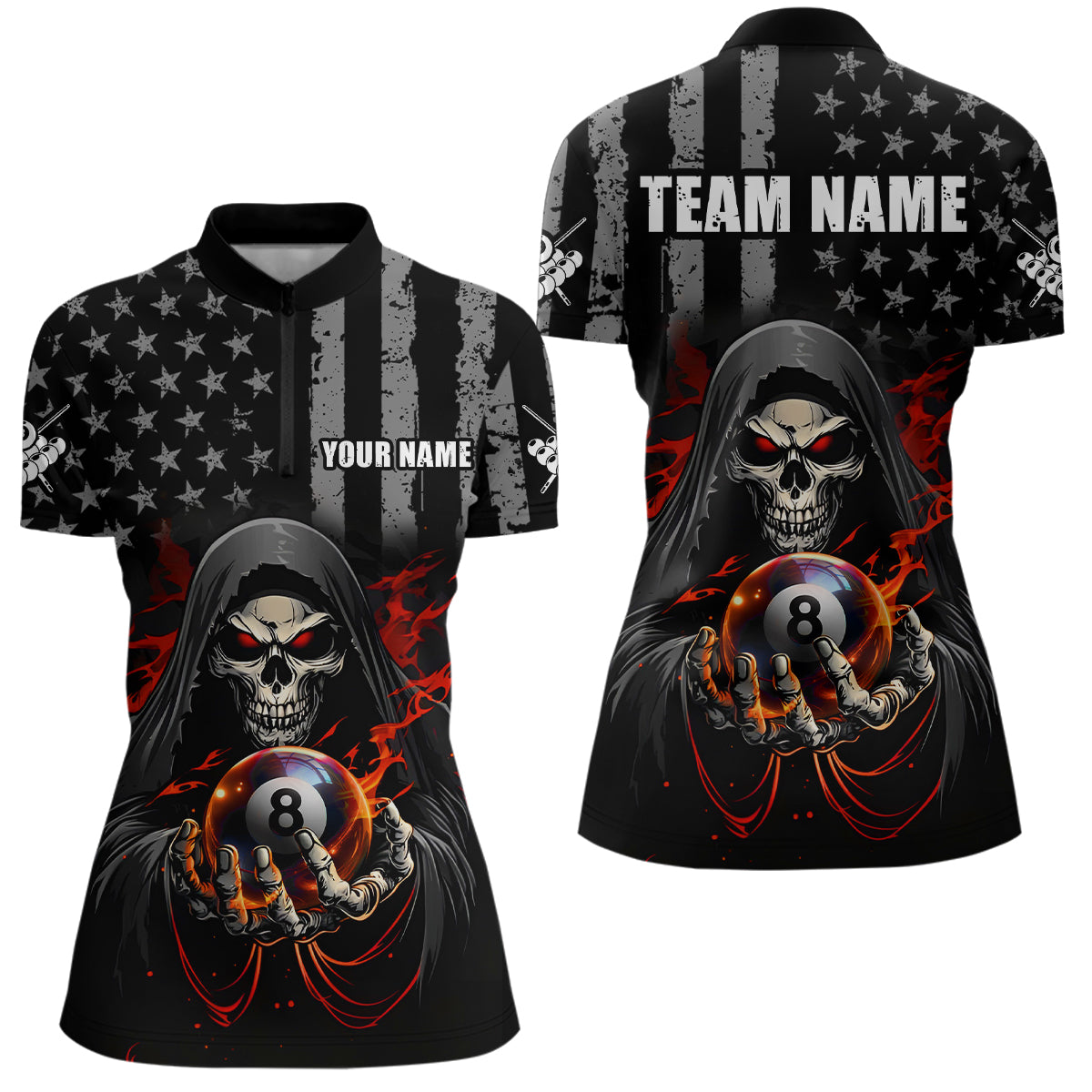 Blisscorners Personalized American Flag Skull Billiard Team Jersey for Men Polo & 1/4 Zip Shirts