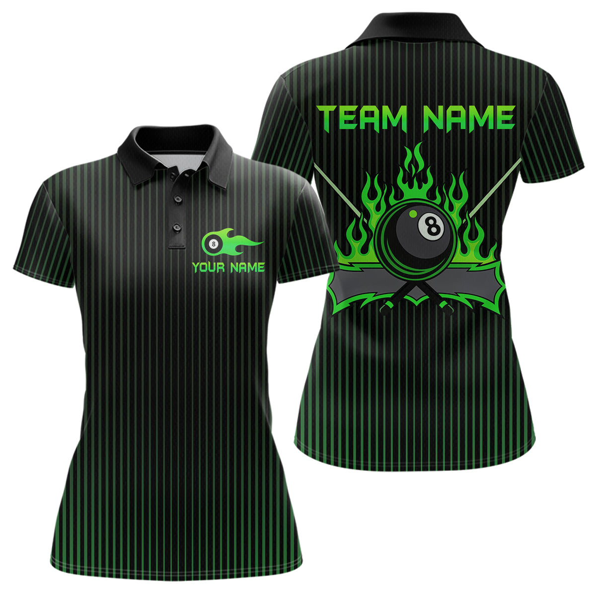 Blisscorners Custom Green 8 Ball Flame Billiard Shirts for Men, Billiard Team Polo & 1/4 Zip Shirts MT1607