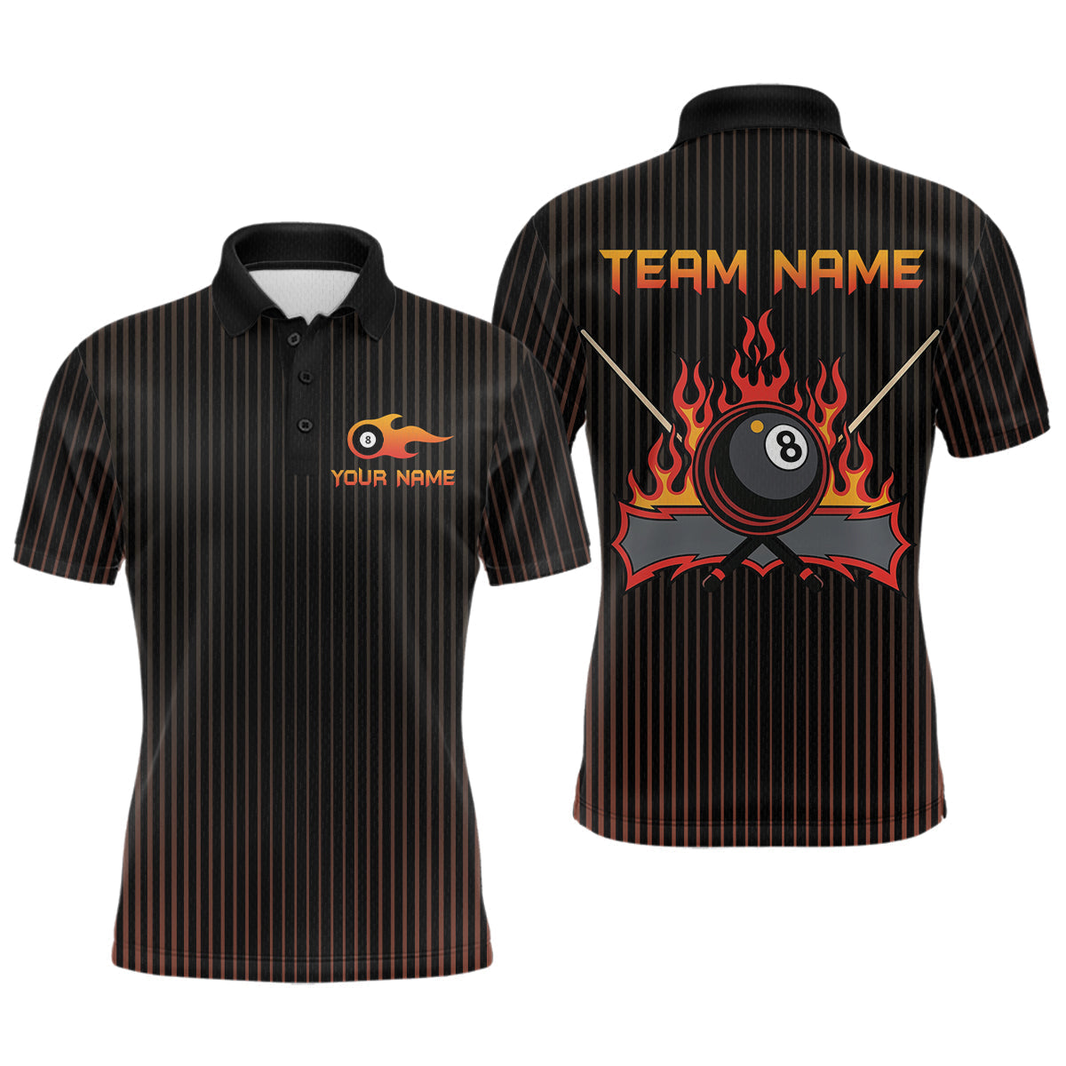 Blisscorners Custom Orange 8 Ball Flame Billiard Shirts for Men, Bowling Team Polo & 1/4 Zip Shirts MT1007