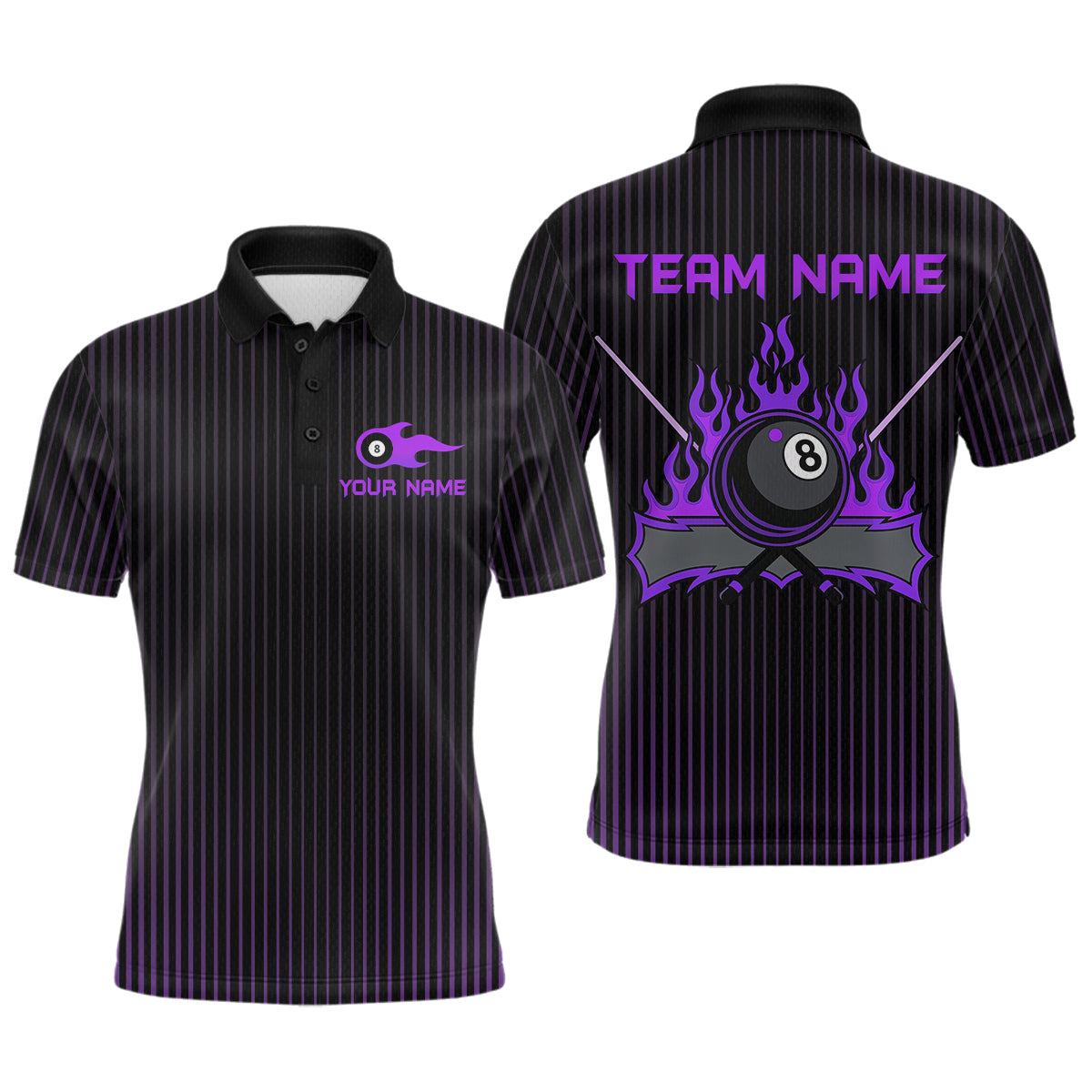 Blisscorners Custom Purple 8 Ball Flame Billiard Shirts for Men, Bowling Team Polo & 1/4 Zip Shirts MT1007
