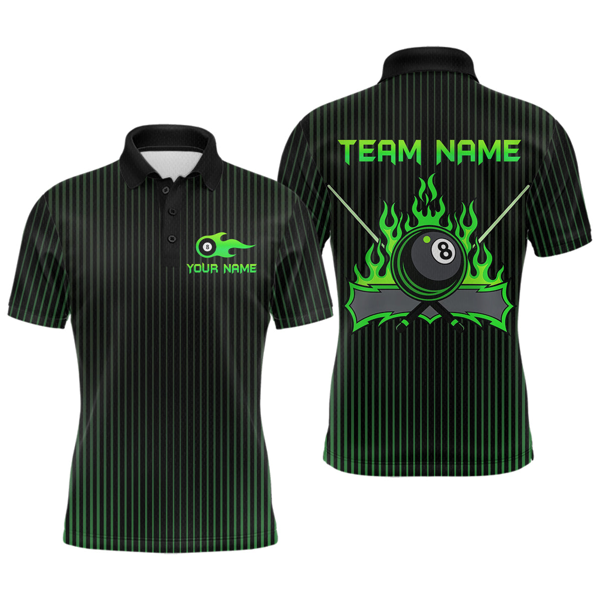 Blisscorners Custom Green 8 Ball Flame Billiard Shirts for Men, Billiard Team Polo & 1/4 Zip Shirts MT1607