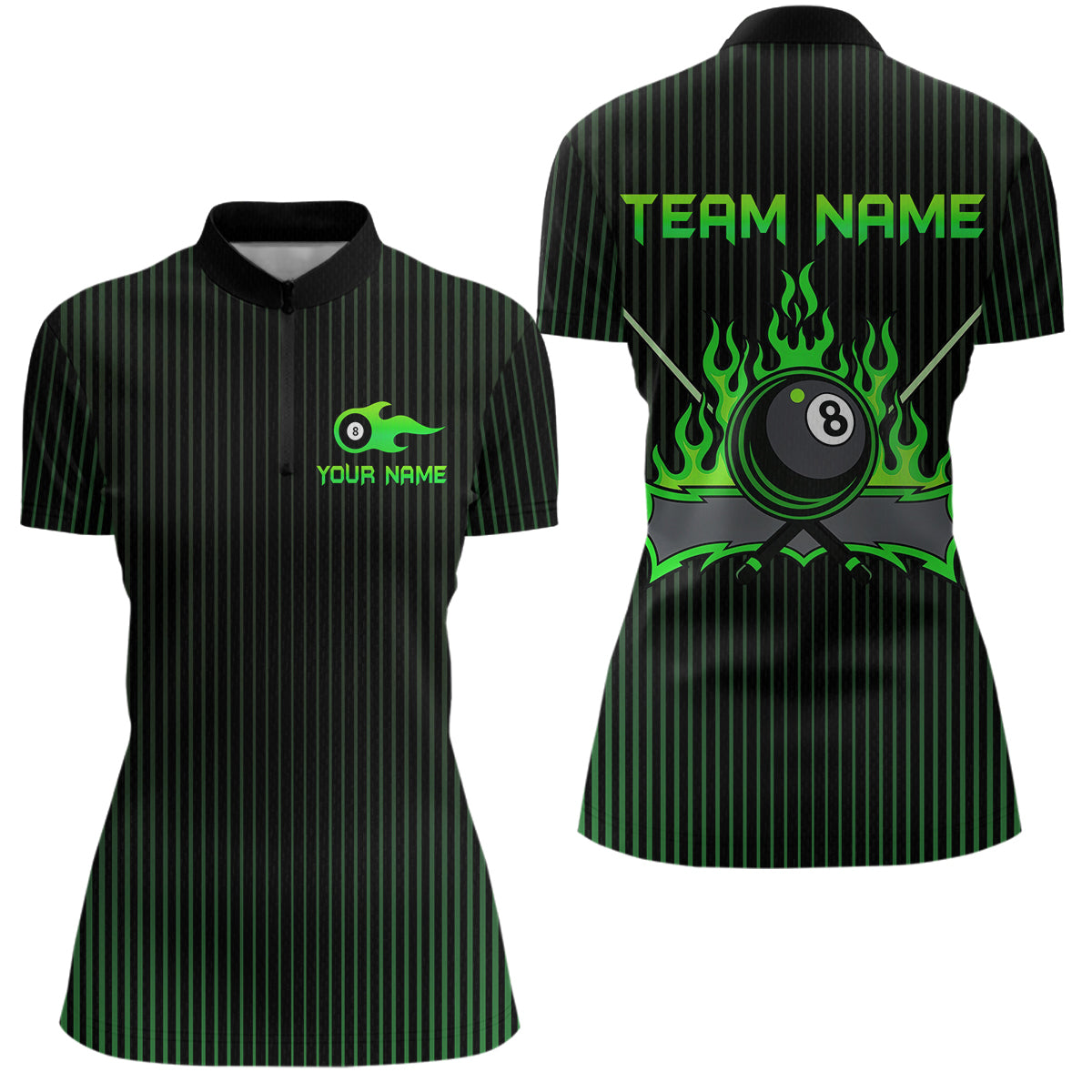 Blisscorners Custom Green 8 Ball Flame Billiard Shirts for Men, Billiard Team Polo & 1/4 Zip Shirts MT1607