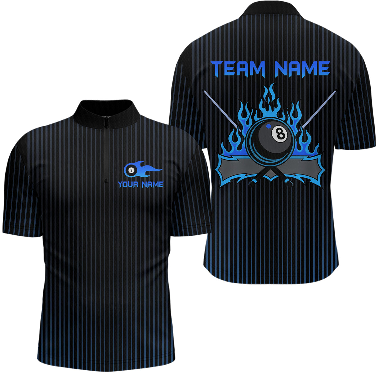 Blisscorners Custom Blue 8 Ball Flame Billiard Shirts for Men, Billiard Team Polo & 1/4 Zip Shirts MT1607