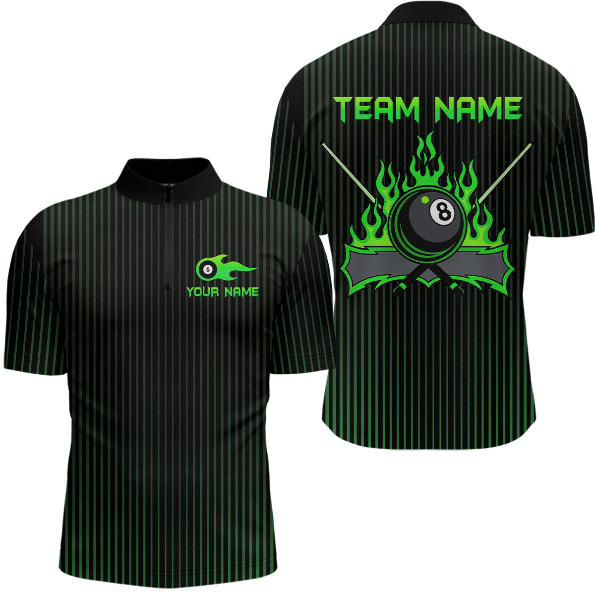 Blisscorners Custom Green 8 Ball Flame Billiard Shirts for Men, Billiard Team Polo & 1/4 Zip Shirts MT1607