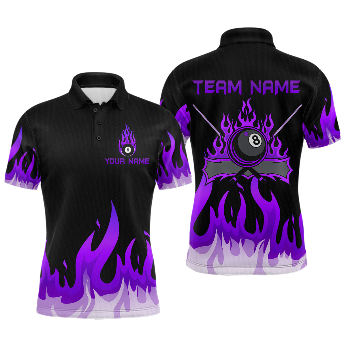 Blisscorners Custom Purple 8 Ball Pool Flame Billiard Shirts for Men Bowling Team Polo & 1/4 Zip Shirts MT1007