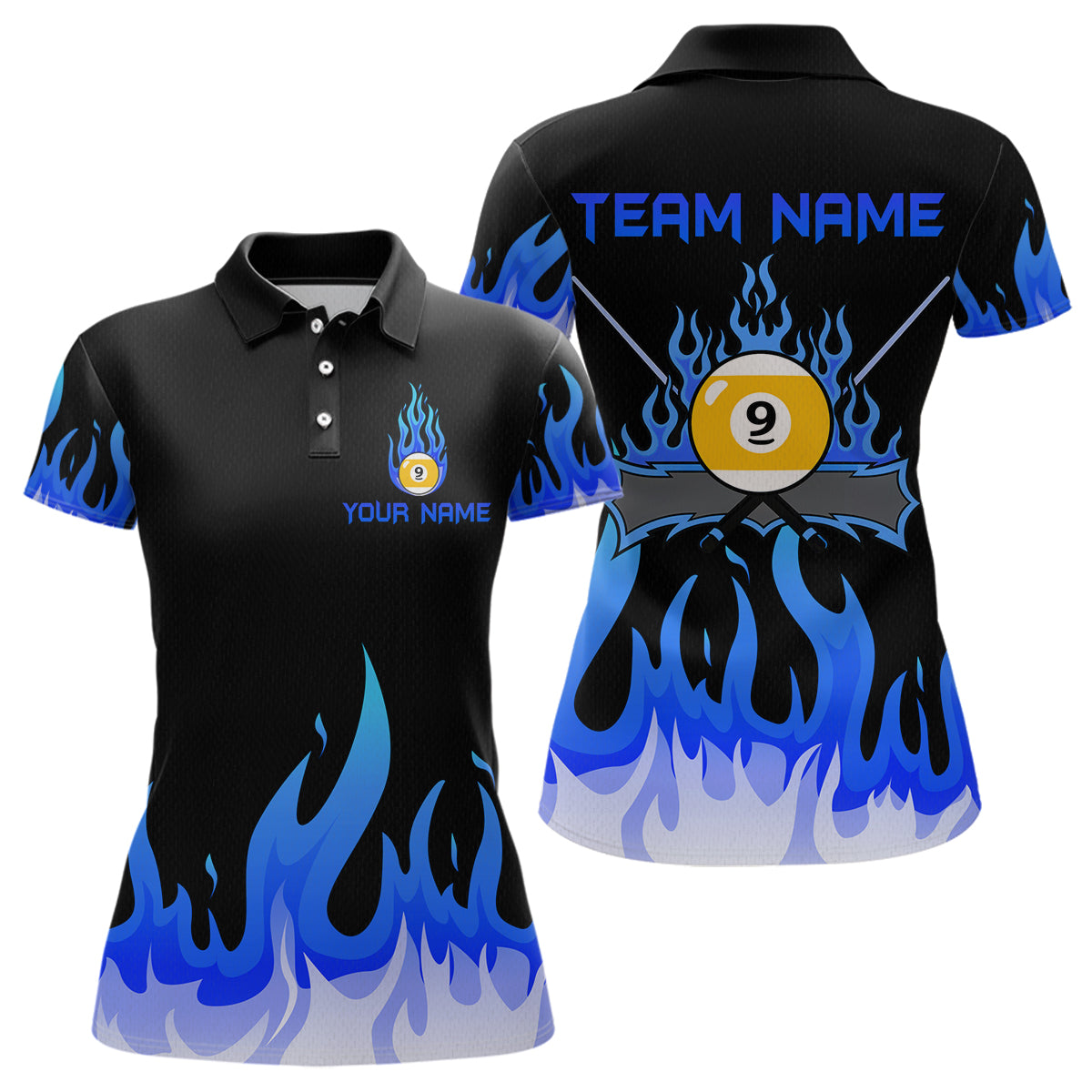 Blisscorners Custom 9 Ball Blue Flaming Billiard Shirts for Men Billiard Team Shirts Billiard League LM2007