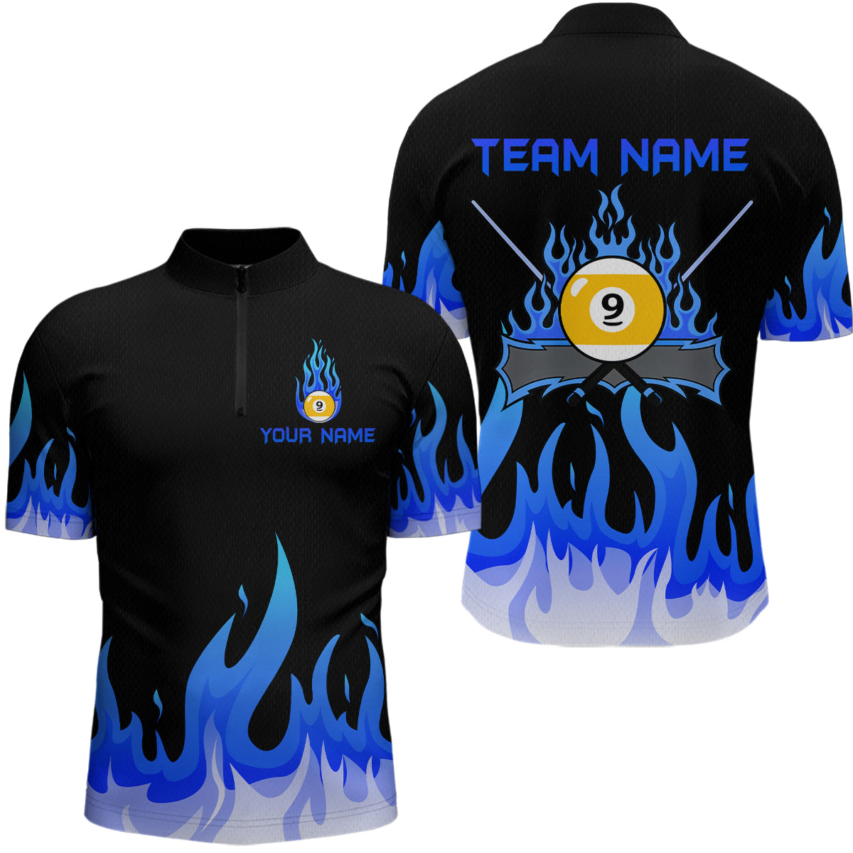 Blisscorners Custom 9 Ball Blue Flaming Billiard Shirts for Men Billiard Team Shirts Billiard League LM2007