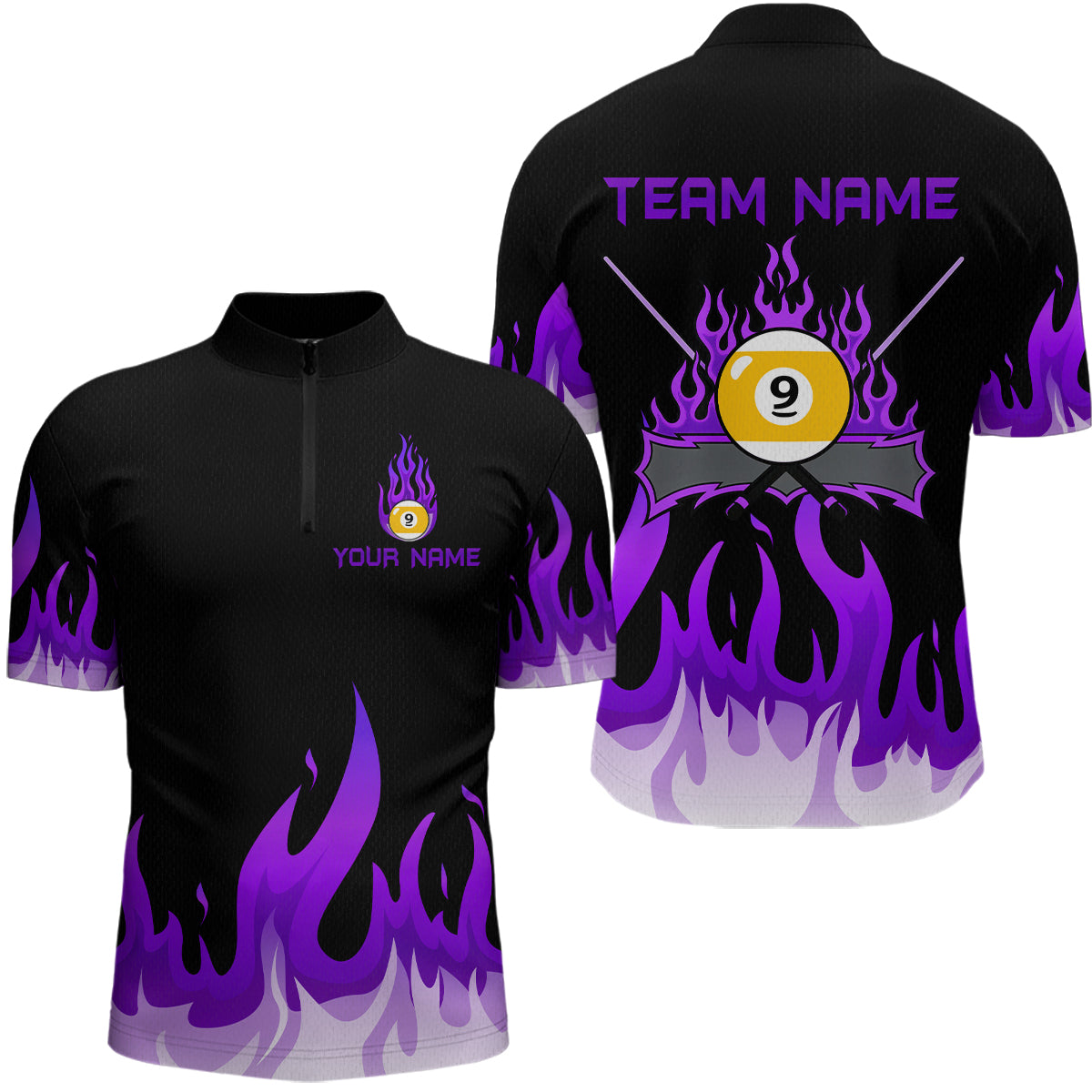 Blisscorners Custom 9 Ball Purple Flaming Billiard Shirts for Men Billiard Team Shirts Billiard League LM2007