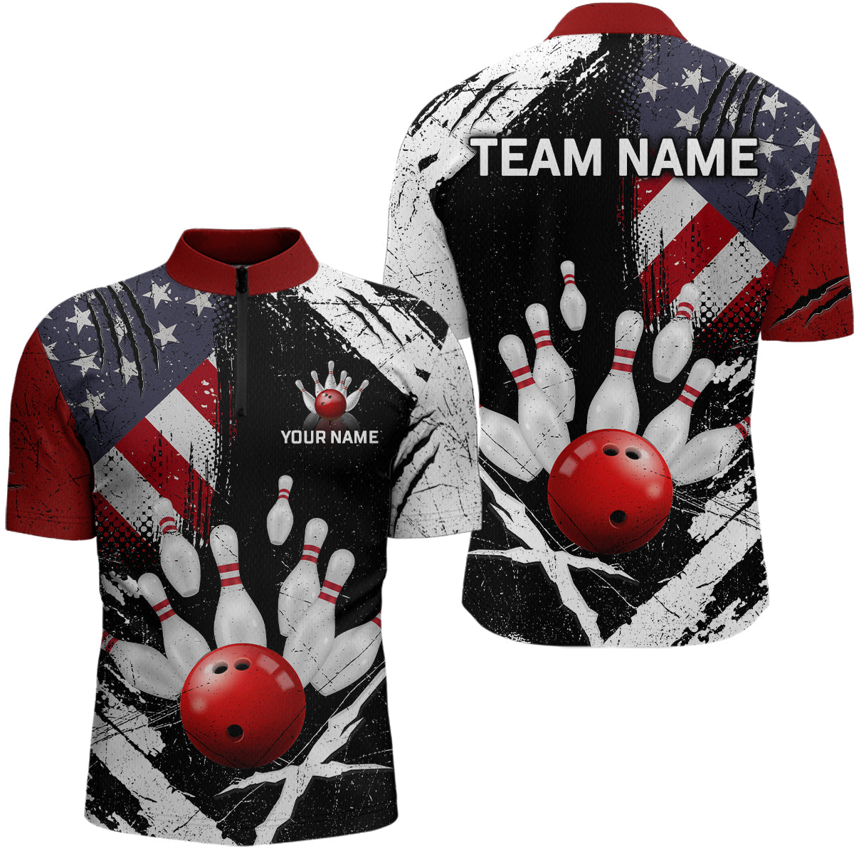 Blisscorners Custom US Flag Bowling Shirts for Men Polo & Quarter-Zip Bowling Team Bowling League MT1706