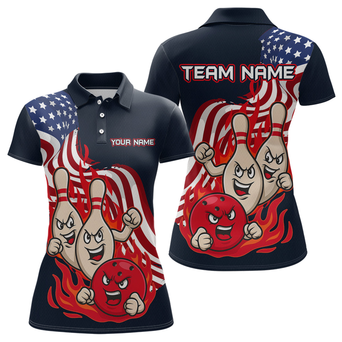 Blisscorners Custom American Flag Bowling Men Polo & 1/4 Zip Shirts Funny Flame Bowling Team Jerseys LM3006