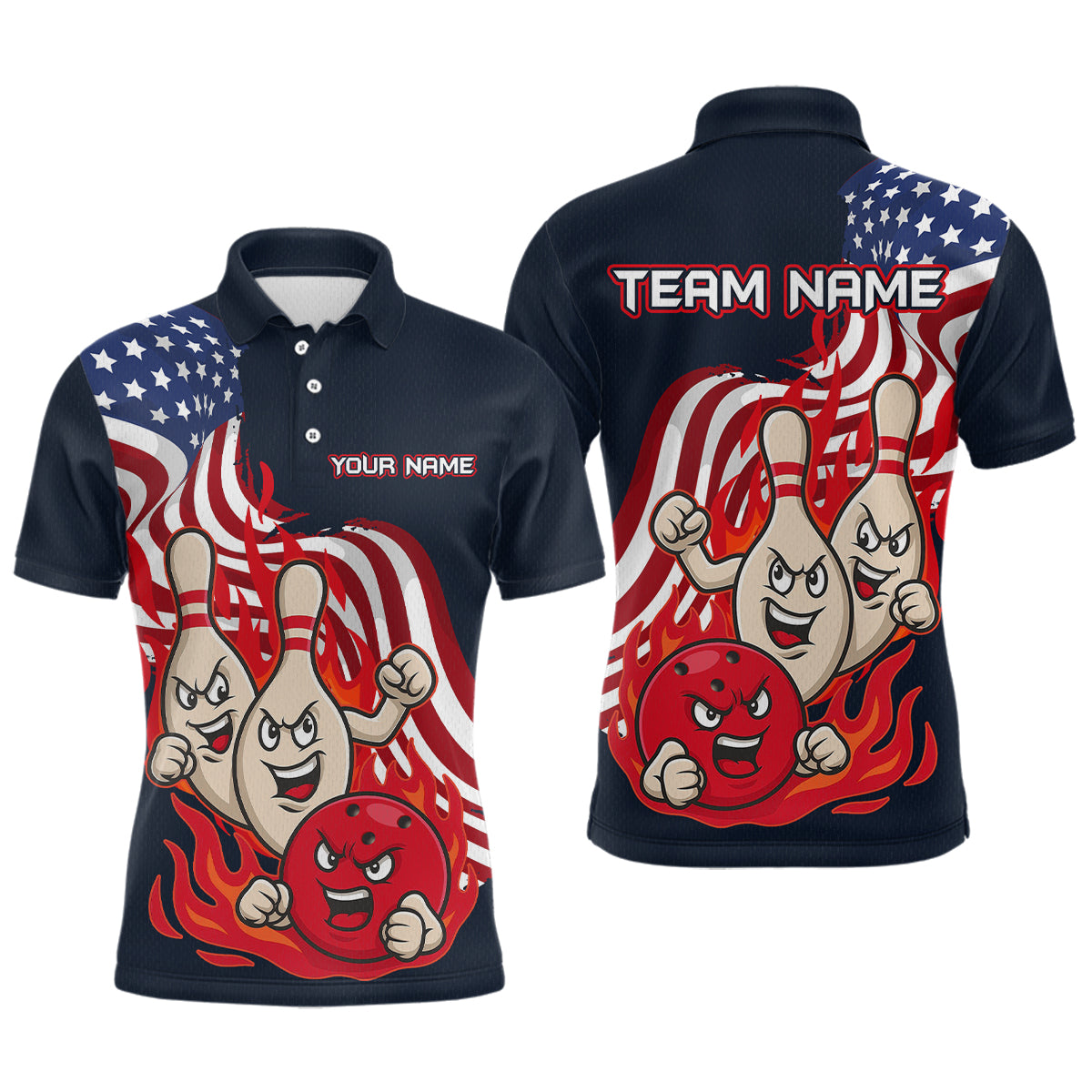 Blisscorners Custom American Flag Bowling Men Polo & 1/4 Zip Shirts Funny Flame Bowling Team Jerseys LM3006