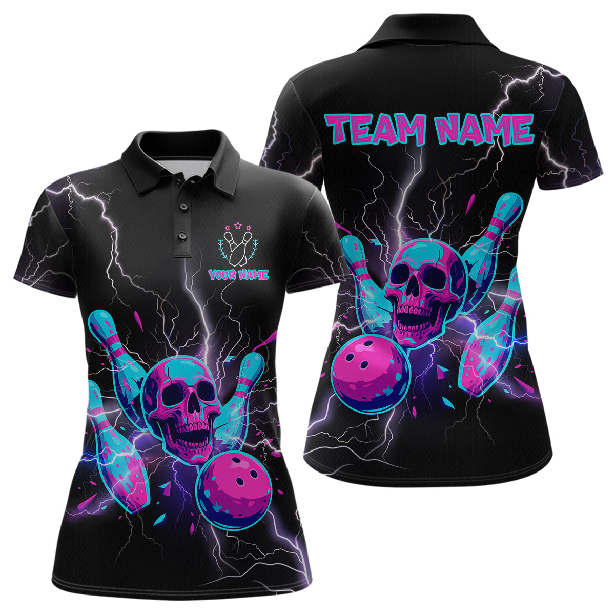 Blisscorners Custom Thunder Skull Flame Bowling Men Polo & 1/4 Zip Shirts Bowling Team Jerseys LM3006