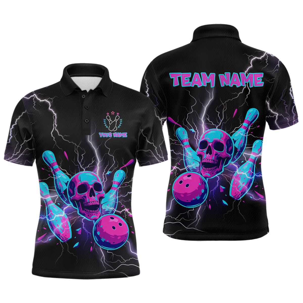 Blisscorners Custom Thunder Skull Flame Bowling Men Polo & 1/4 Zip Shirts Bowling Team Jerseys LM3006