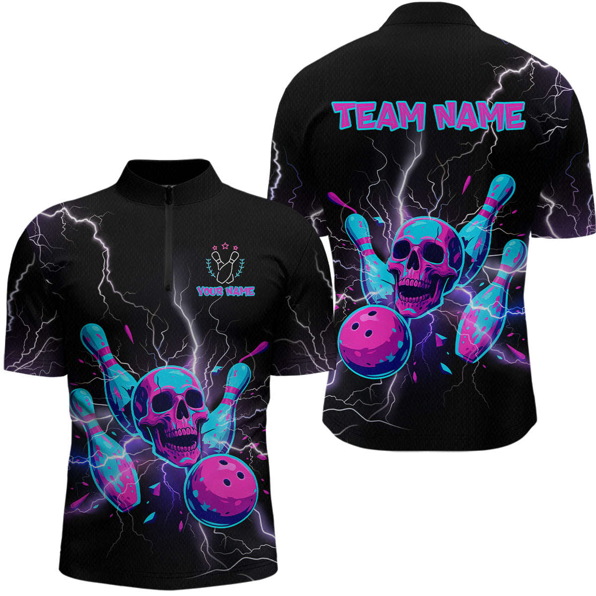 Blisscorners Custom Thunder Skull Flame Bowling Men Polo & 1/4 Zip Shirts Bowling Team Jerseys LM3006