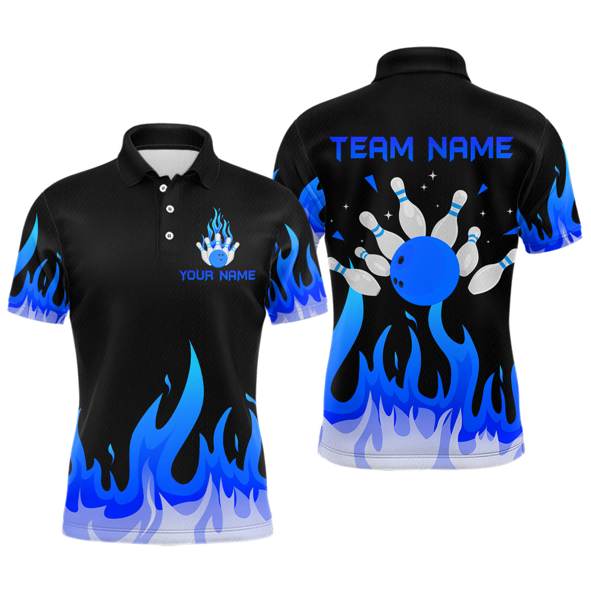 Blisscorners Custom Blue Flame Bowling Shirts for Men Polo & Quarter-Zip Bowling Team Jerseys MT1706