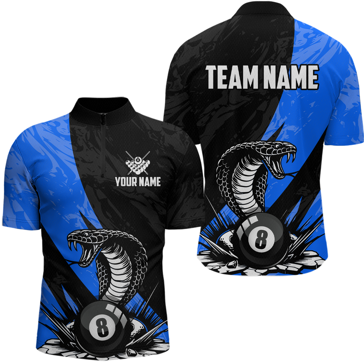 Maxxcorners Custom Blue Cobra Snake 8 Ball Pool Billiard Shirts for Men Team Polo & 1/4 Zip Shirts MT0307