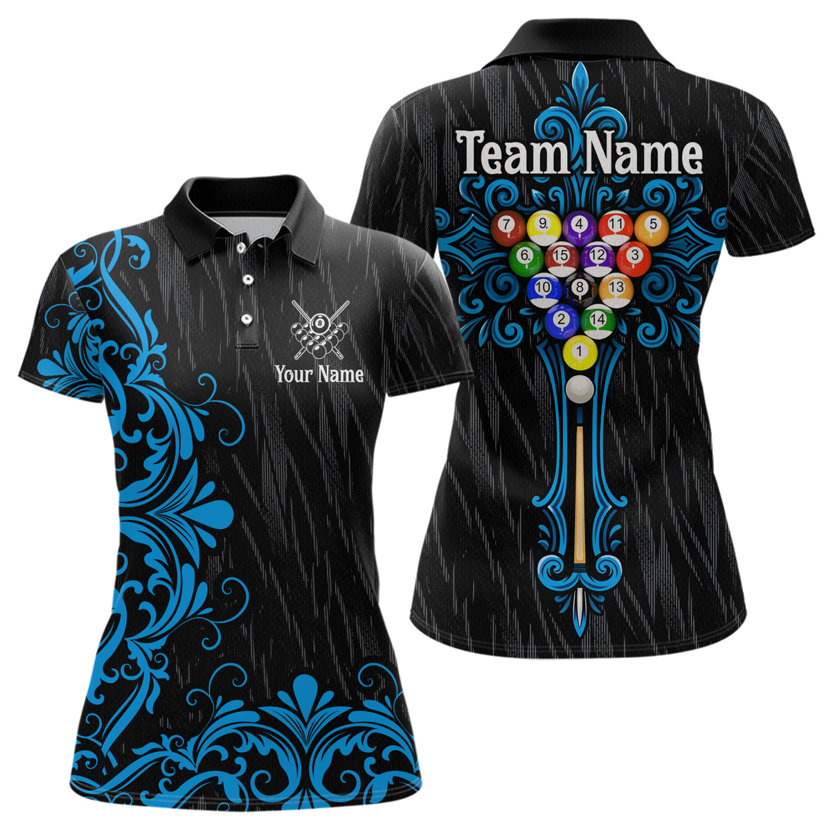 Blisscorners Custom Blue Baroque Pattern Ball Pool Billiard Shirts for Men Team Polo & 1/4 Zip Shirts LM0607