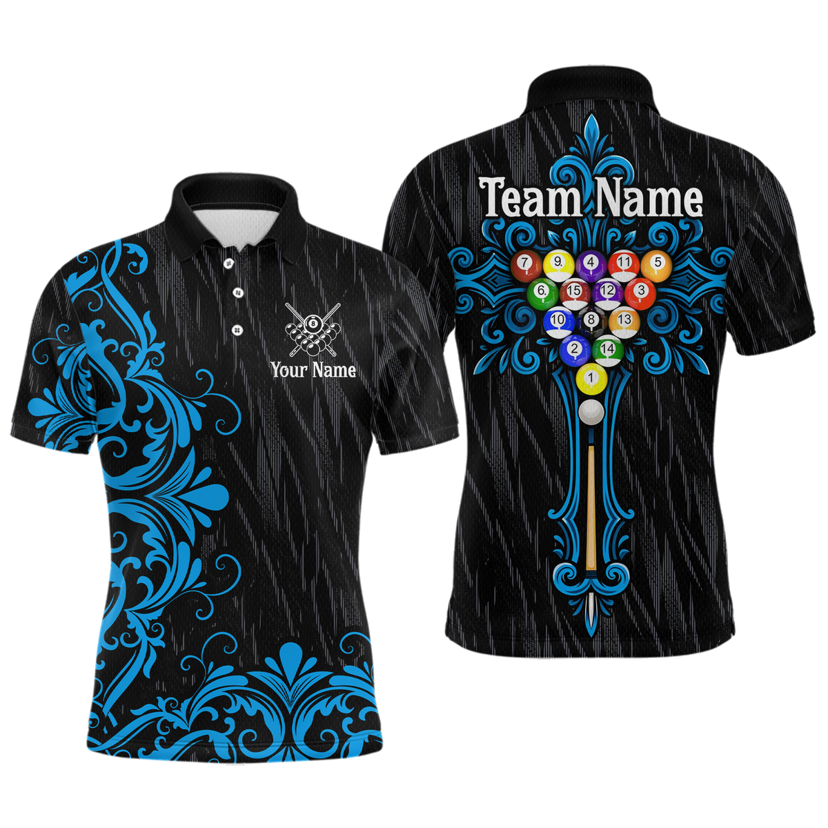 Blisscorners Custom Blue Baroque Pattern Ball Pool Billiard Shirts for Men Team Polo & 1/4 Zip Shirts LM0607