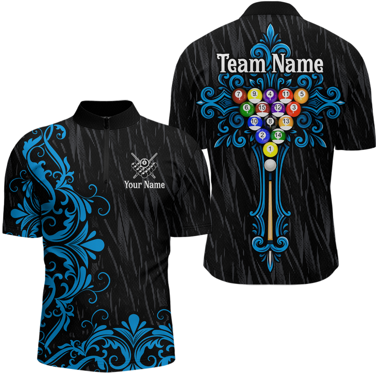Blisscorners Custom Blue Baroque Pattern Ball Pool Billiard Shirts for Men Team Polo & 1/4 Zip Shirts LM0607