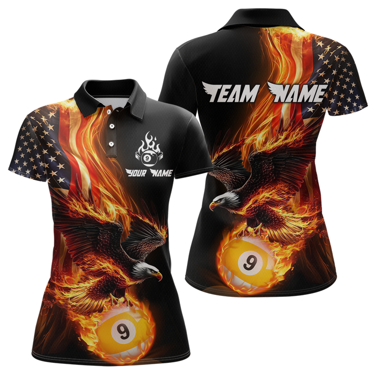 Blisscorners Custom 9 Ball American Flag Flaming Billiard Shirts for Men Billiard Team Shirt Billiard LM2007