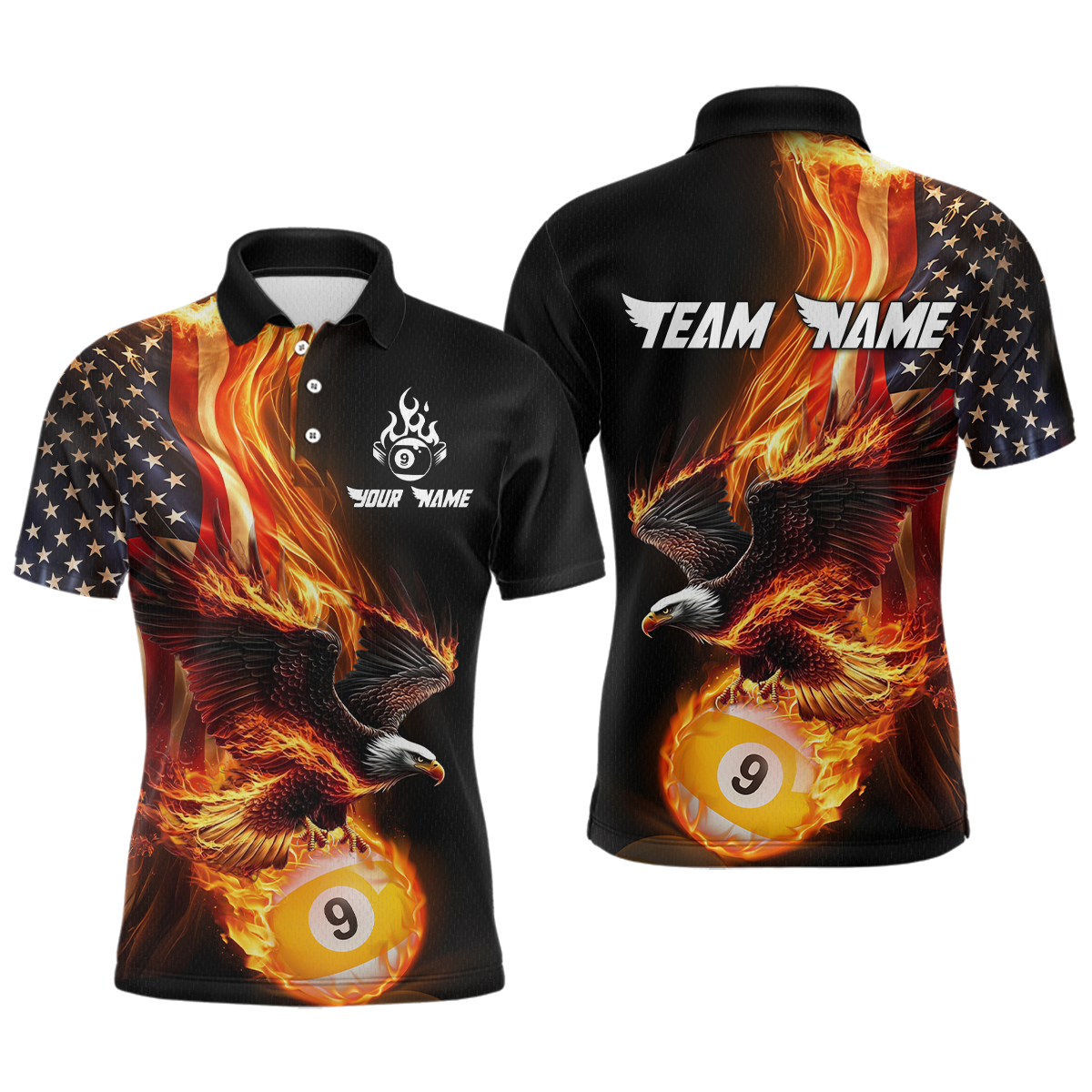 Blisscorners Custom 9 Ball American Flag Flaming Billiard Shirts for Men Billiard Team Shirt Billiard LM2007