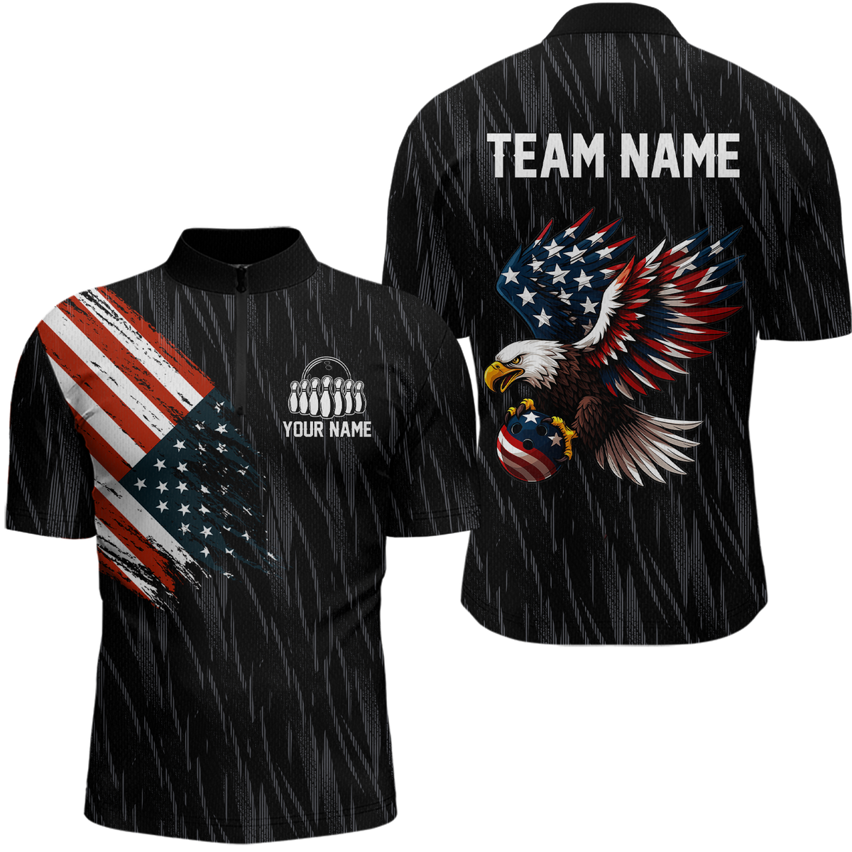 Blisscorners Custom American Flag Eagle Bowling Men Polo & 1/4 Zip Shirts Bowling Team Jerseys LM3006